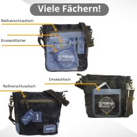 Sunsa Messenger Umhängetasche aus recycelter Jeans und schwarzem Canvas. Nachhaltige Tasche