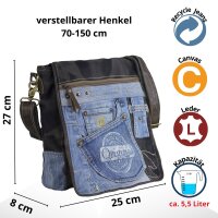 Sunsa Messenger Umhängetasche aus recycelter Jeans und schwarzem Canvas. Nachhaltige Tasche
