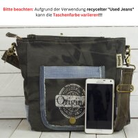 Sunsa Messenger Umhängetasche aus recycelter Jeans und schwarzem Canvas. Nachhaltige Tasche