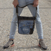Sunsa Messenger Umhängetasche aus recycelter Jeans und schwarzem Canvas. Nachhaltige Tasche