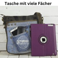 Sunsa Messenger Umhängetasche aus recycelter Jeans und schwarzem Canvas. Nachhaltige Tasche