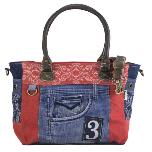 Sunsa große Handtasche aus Upcycling Jeans & rote Canvas. Schultertasche.