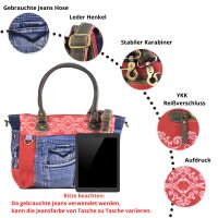 Sunsa große Handtasche aus Jeansstoff & rote Canvas. Schultertasche.