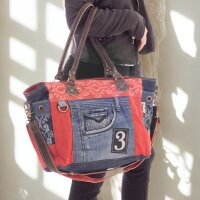 Sunsa große Handtasche aus Jeansstoff & rote Canvas. Schultertasche.