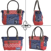 Sunsa große Handtasche aus Jeansstoff & rote Canvas. Schultertasche.