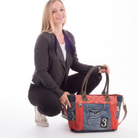 Sunsa große Handtasche aus Upcycling Jeans & rote Canvas. Schultertasche.