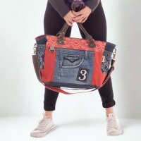 Sunsa große Handtasche aus Upcycling Jeans & rote Canvas. Schultertasche.