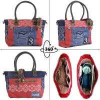Sunsa große Handtasche aus Upcycling Jeans & rote Canvas. Schultertasche.