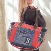 Sunsa große Handtasche aus Upcycling Jeans & rote Canvas. Schultertasche.