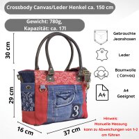 Sunsa große Handtasche aus Upcycling Jeans & rote Canvas. Schultertasche.