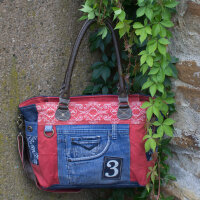 Sunsa große Handtasche aus Upcycling Jeans & rote Canvas. Schultertasche.