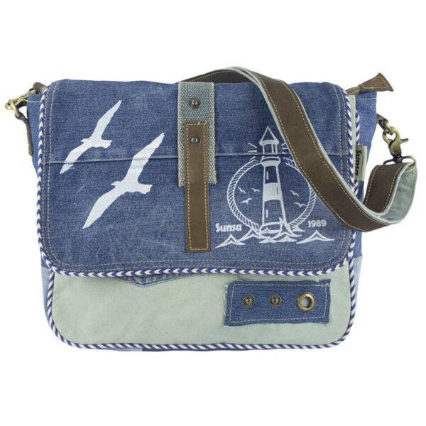 Sunsa Messenger Tasche aus recycelter Jeans & Canvas. Nachhaltige Umhängetasche mit Maritim-Motiv
