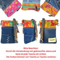 Sunsa kleine Damen Umhängetasche aus Upcycling Jeans & Sari. Tasche