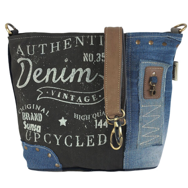 Sunsa Umhängetasche aus Upcycling Jeans & Canvas. Crossbody mit Vintage Motiv