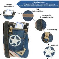 Sunsa Damen Handy Tasche, kleine vegane Umhängetasche aus Jeansstoff & Canvas. Vegan Cross Over bag in Vintage Stil