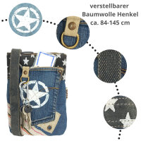 Sunsa Damen Handy Tasche, kleine vegane Umhängetasche aus Upcycling Jeans & Canvas. Vegan Cross Over bag in Vintage Stil