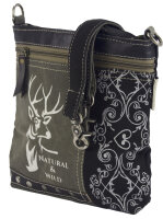 Domelo Umhängetasche. Canvas Trachtentasche mit Hirsch-Motiv, grau/ schwarz