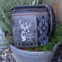 Domelo Umhängetasche. Canvas Trachtentasche mit Hirsch-Motiv, grau/ schwarz