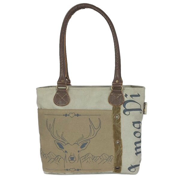 Domelo Canvas Handtasche. Schultertasche in beige/braun mit Hirsch-Motiv