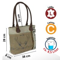Domelo Canvas Handtasche. Schultertasche in beige/braun mit Hirsch-Motiv