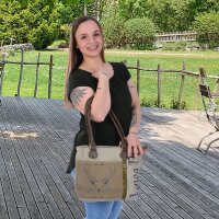 Domelo Canvas Handtasche. Schultertasche in beige/braun mit Hirsch-Motiv