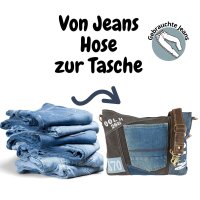 Sunsa Umhängetasche aus recycelter Jeans und schwarzen Canvas. Nachhaltige Tasche