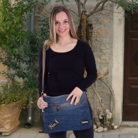 Sunsa Umhängetasche aus recycelter Jeans und schwarzen Canvas. Nachhaltige Tasche
