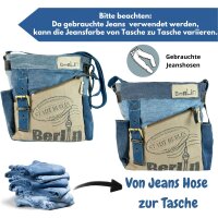 Sunsa Umhängetasche. Crossover Tasche aus recycelte Jeans Canvas & Leder. Große Schultertasche mit Berlin Design