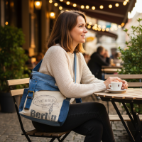 Sunsa Umhängetasche. Crossover Tasche aus Upcycling Jeans Canvas & Leder. Große Schultertasche mit Berlin Design