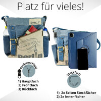 Sunsa Umhängetasche. Crossover Tasche aus Upcycling Jeans Canvas & Leder. Große Schultertasche mit Berlin Design