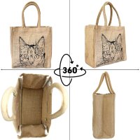 Domelo Jute Einkaufskorb, Vegane Einkaufstasche. Kleine Damen Handtasche mit Katze Motiv