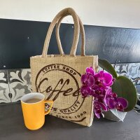 Domelo Jute Einkaufskorb, Vegane Einkaufstasche. Kleine Damen Handtasche, Kaffee Motiv