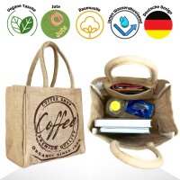 Domelo Jute Einkaufskorb, Vegane Einkaufstasche. Kleine Damen Handtasche, Kaffee Motiv